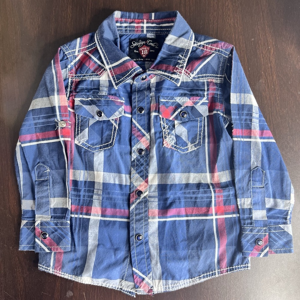 Boys Sovereign Code Blue/Red Plaid Shirt‎ Size 18 Mo Long Or Roll Up Sleeve EUC!